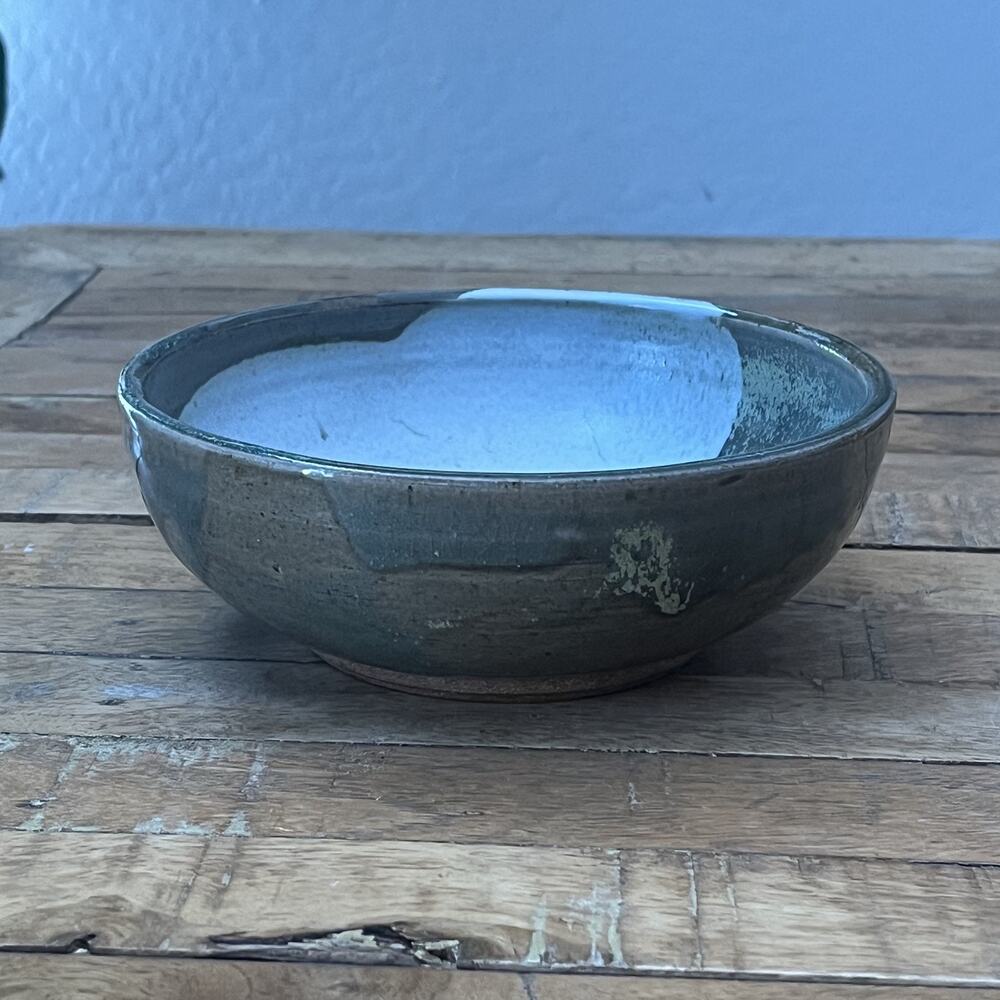 Art Studio Pottery Stoneware Bowl 7" Rustic Green & White Glazed Handmade